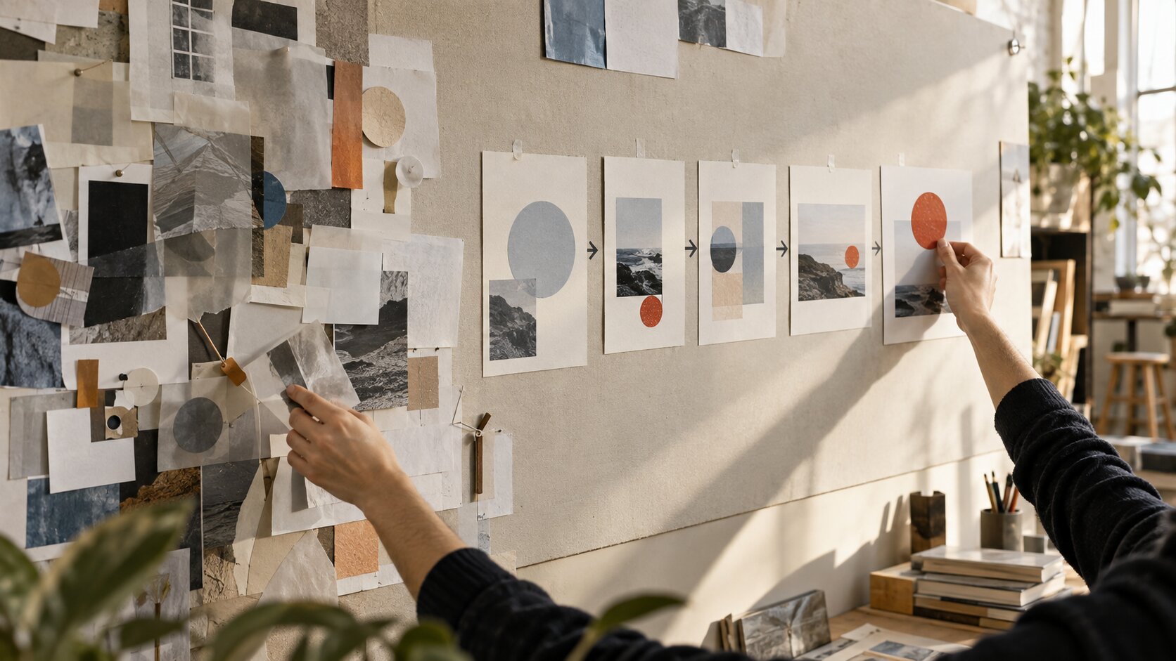A creator organizes scattered visual references into one clear infographic-like sequence on a studio wall.