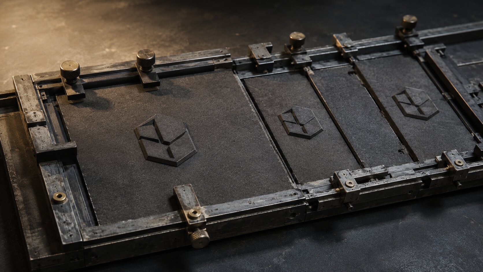 A worn metal calibration jig reshapes one rigid product form into several precise formats while preserving its central structure, representing the translation of a feature into a clear customer benefit.