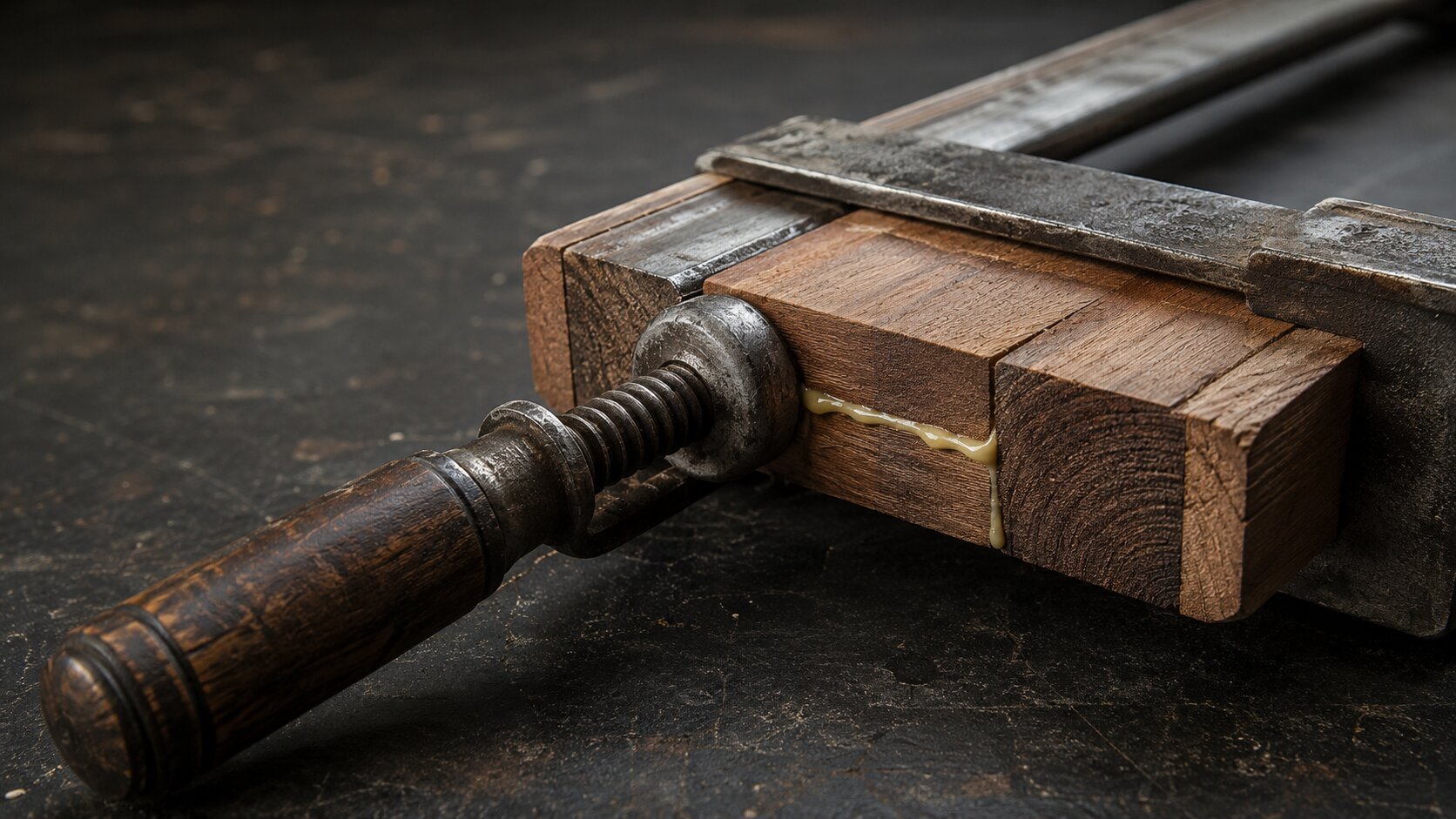 A worn steel clamp actively holds two glued wooden sections in alignment, representing a product shown through the practical job it performs rather than as decoration.