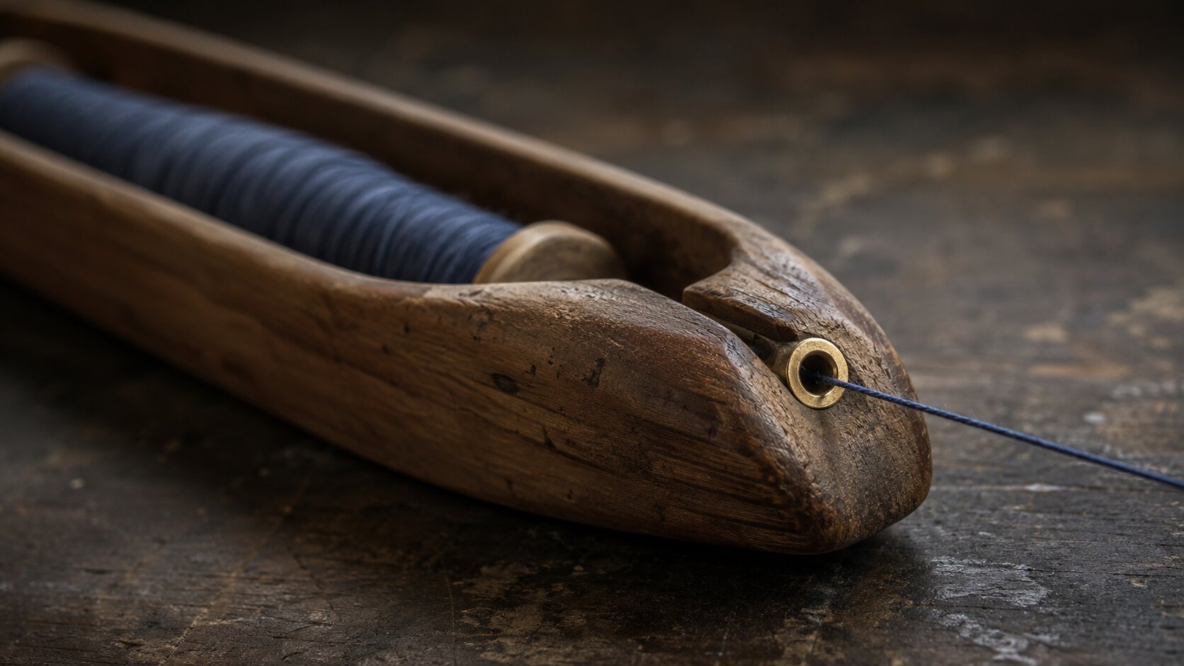 A worn wooden weaving shuttle receives a precise brass guide insert, representing the correction of a workflow flaw that repeatedly pulls creative output away from its intended style.